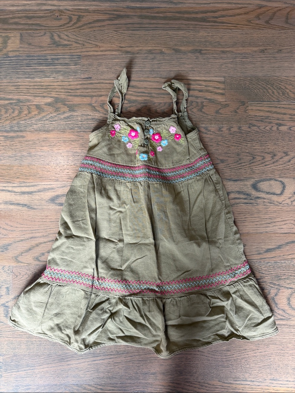 Olive Green Embroidered Sundress with Floral Accents